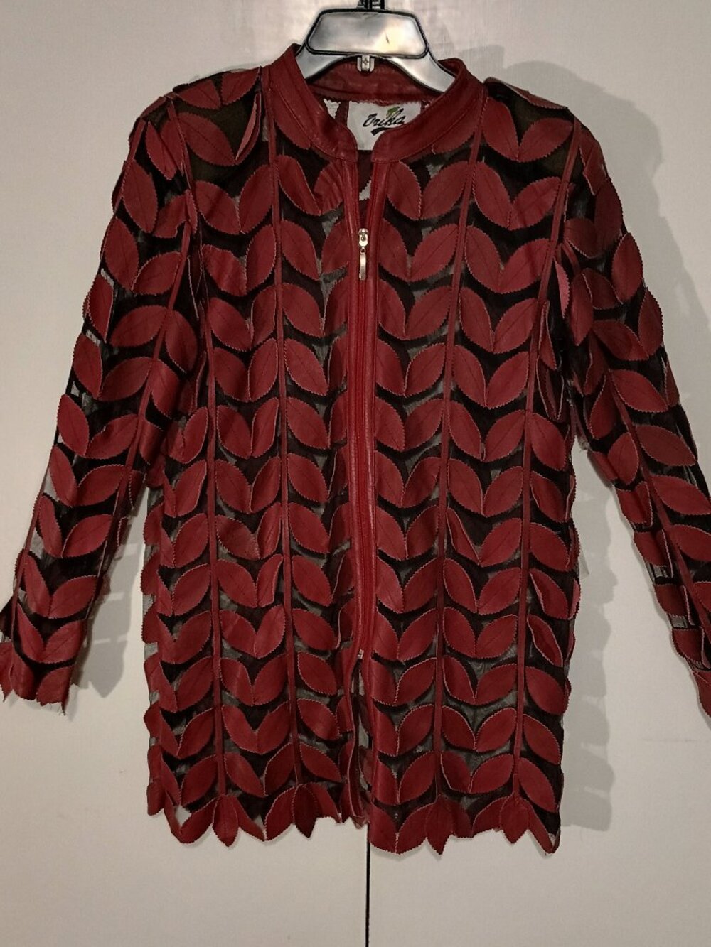 Orika Leather Burgundy Leaf Appliqué Mesh Zip Jacket Vintage Statement Top - Picture 2 of 7